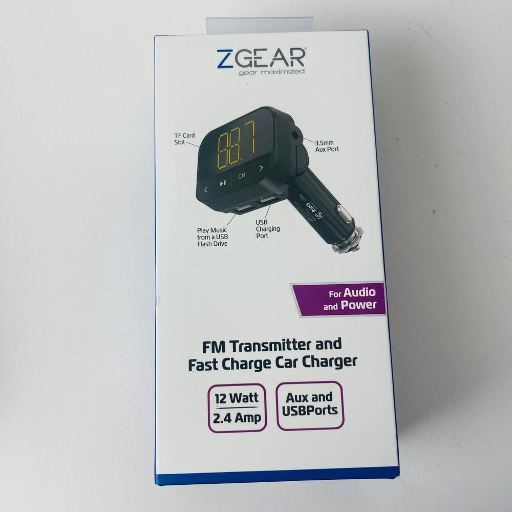 ZGear FM Transmitter and Fast Charging Car Charger 12 watt 2.4 amp Aux & USBport